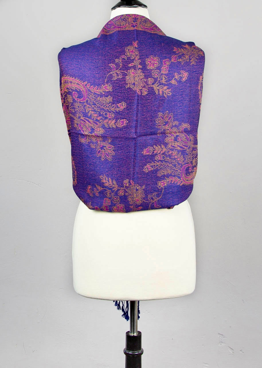 Pashmina Scarf with Navy, Pink, & Yellow Floral Paisley Pattern