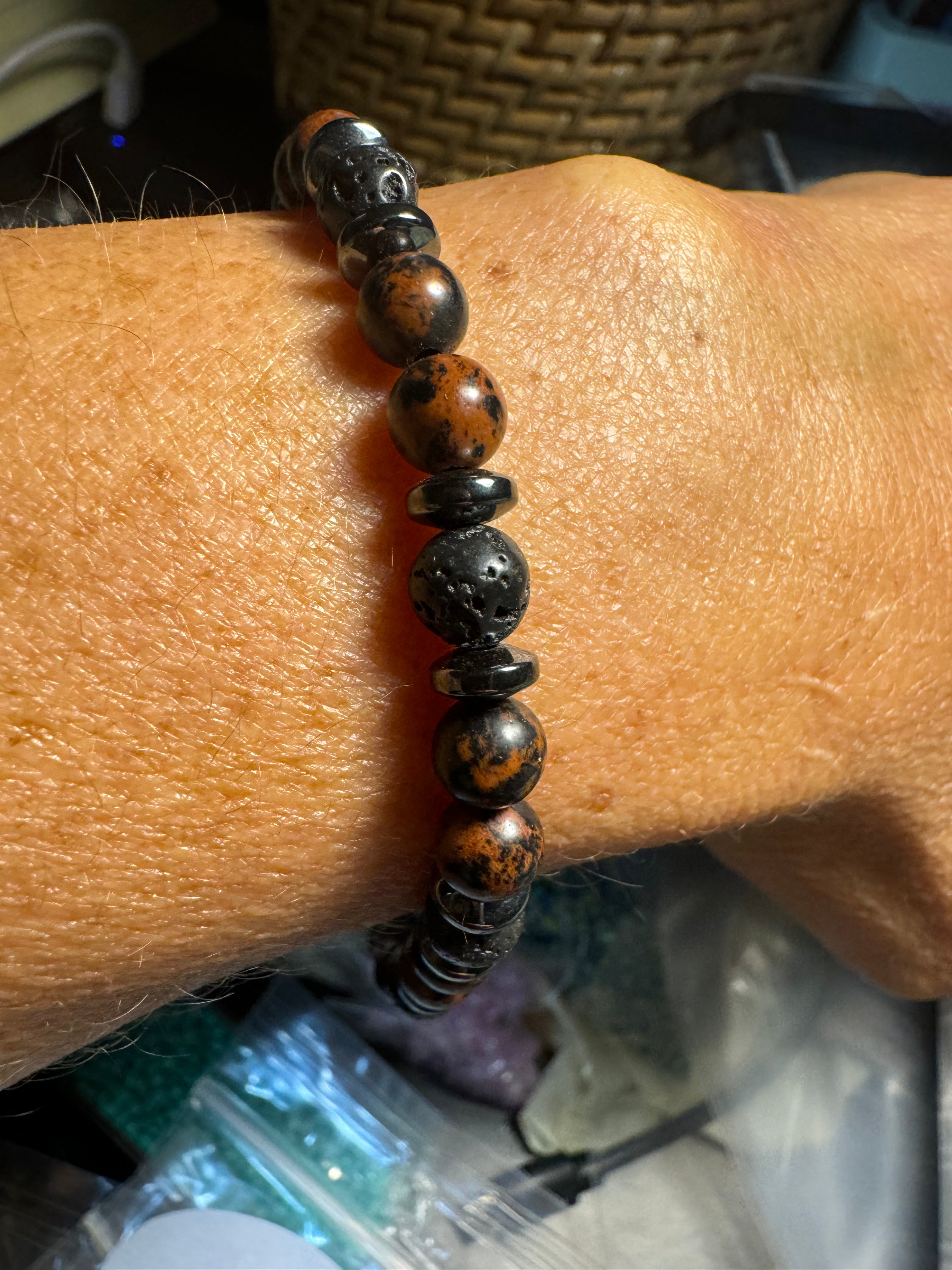 Mahogany Obsidian, Lava Bead, and Hematite