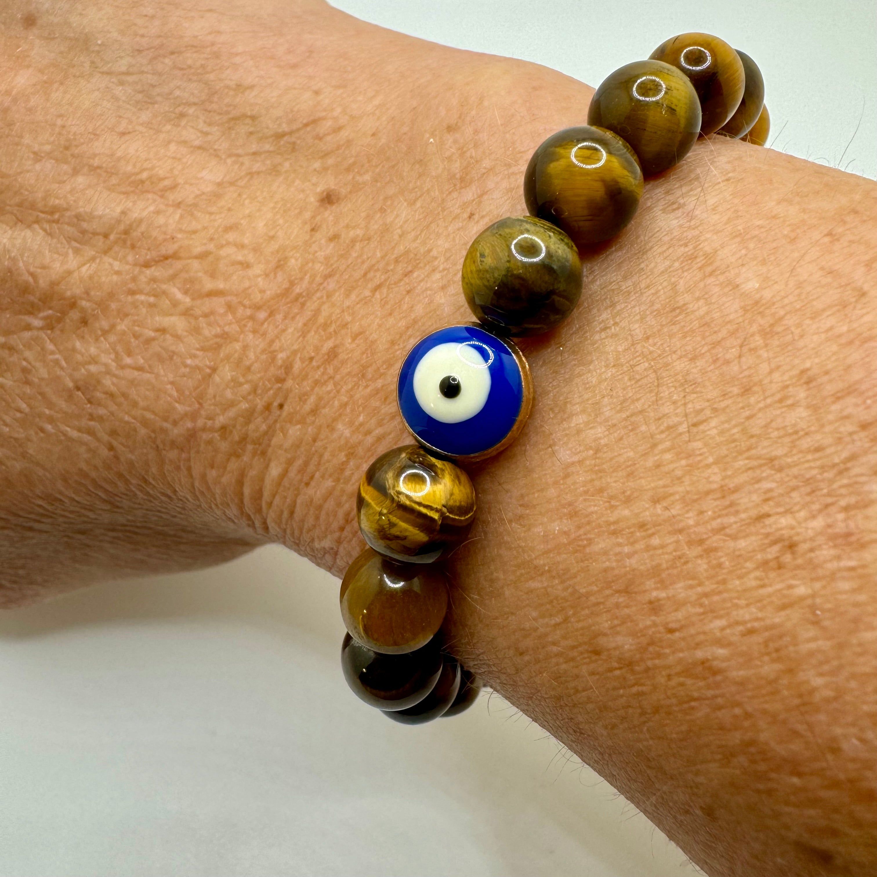 Tigers Eye with Evil Eye Charm Stretch Bracelet 8mm beads