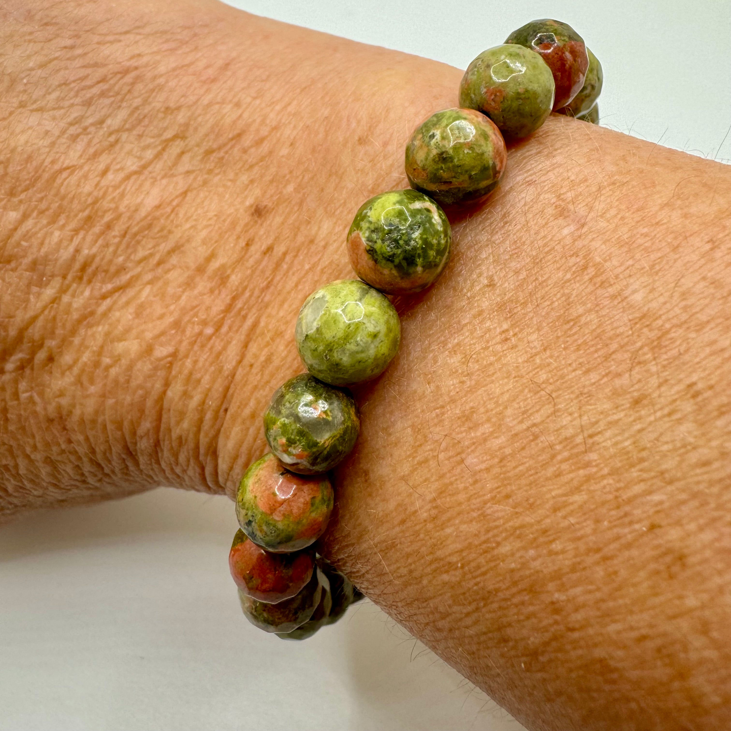 Unakite Stretch Bracelet 8mm faceted beads