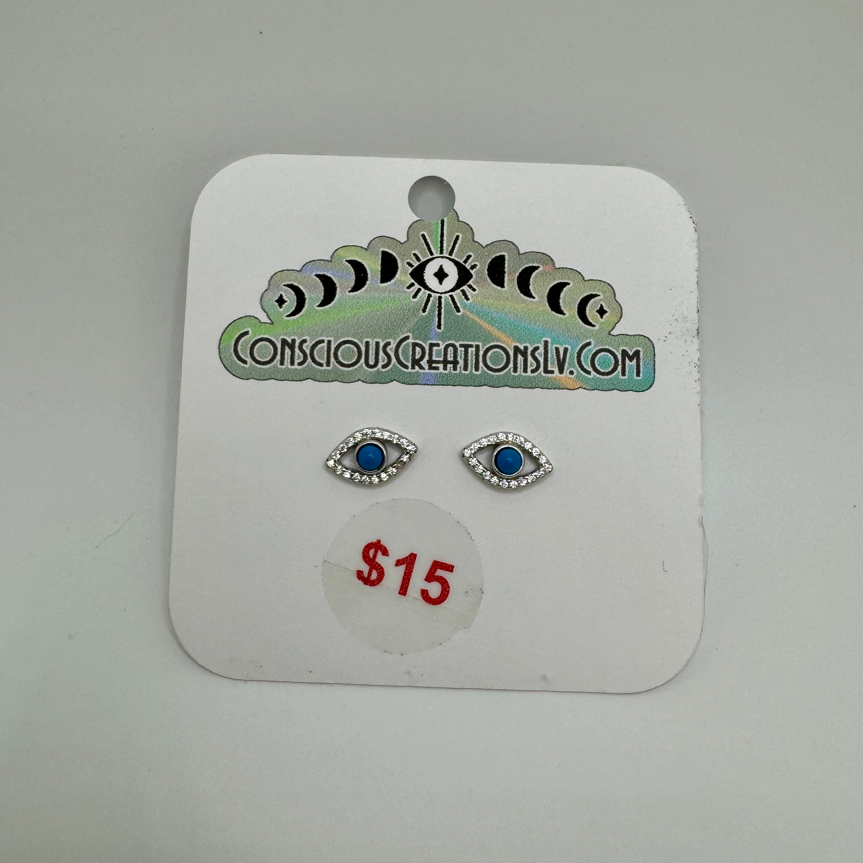 Evil Eye Earrings Sterling Silver, Rhinestones and turquoise enamel