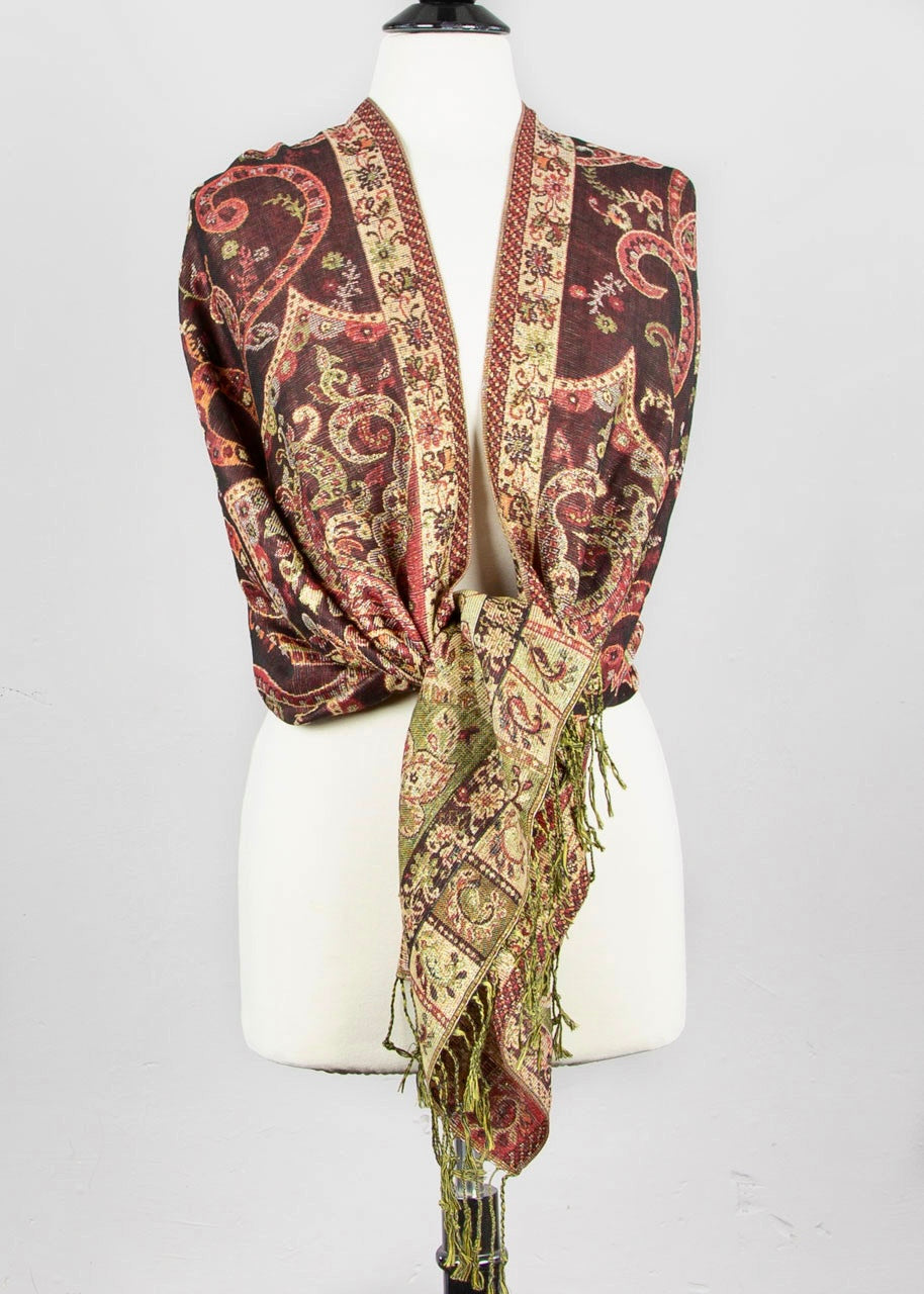 Cashmere Scarf with Metallic Gold & Red Paisley Pattern