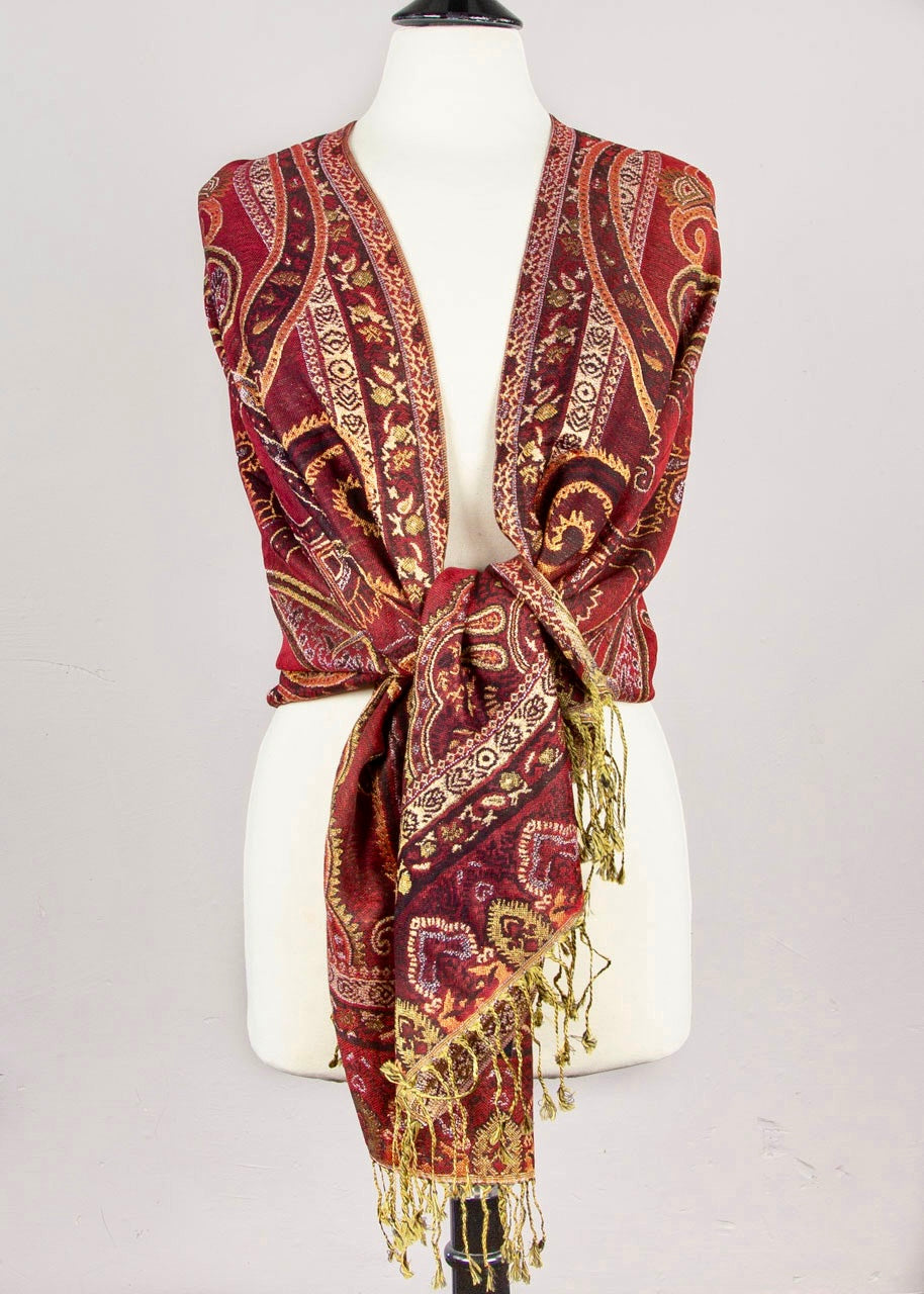 Cashmere Scarf with Metallic Gold, Red, & Black Henna Style Pattern