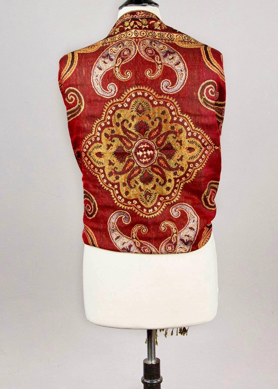Cashmere Scarf with Metallic Gold, Red, & Black Henna Style Pattern