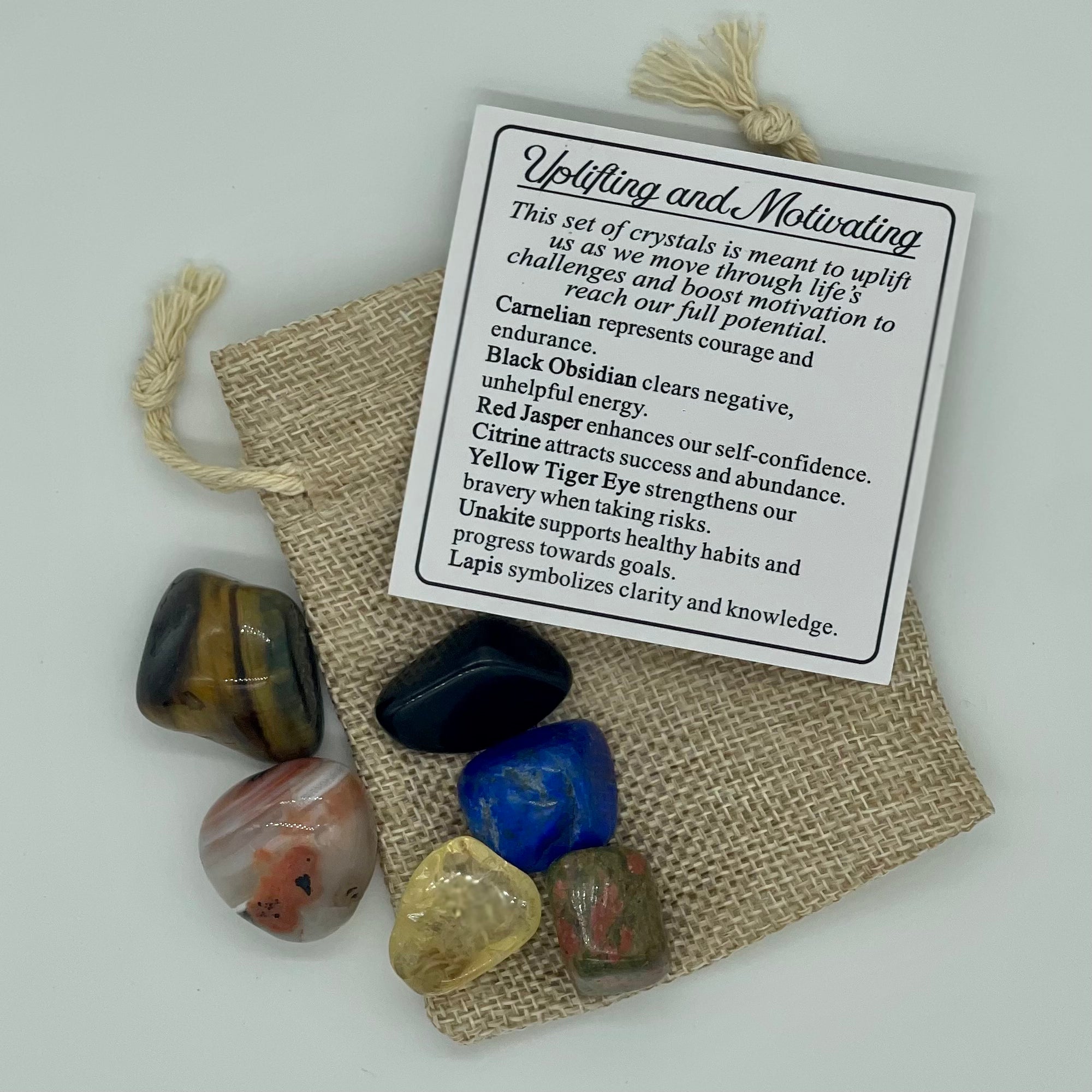 6 Assorted Tumbled Gemstones for Uplifting & Motivating in Jute Bag