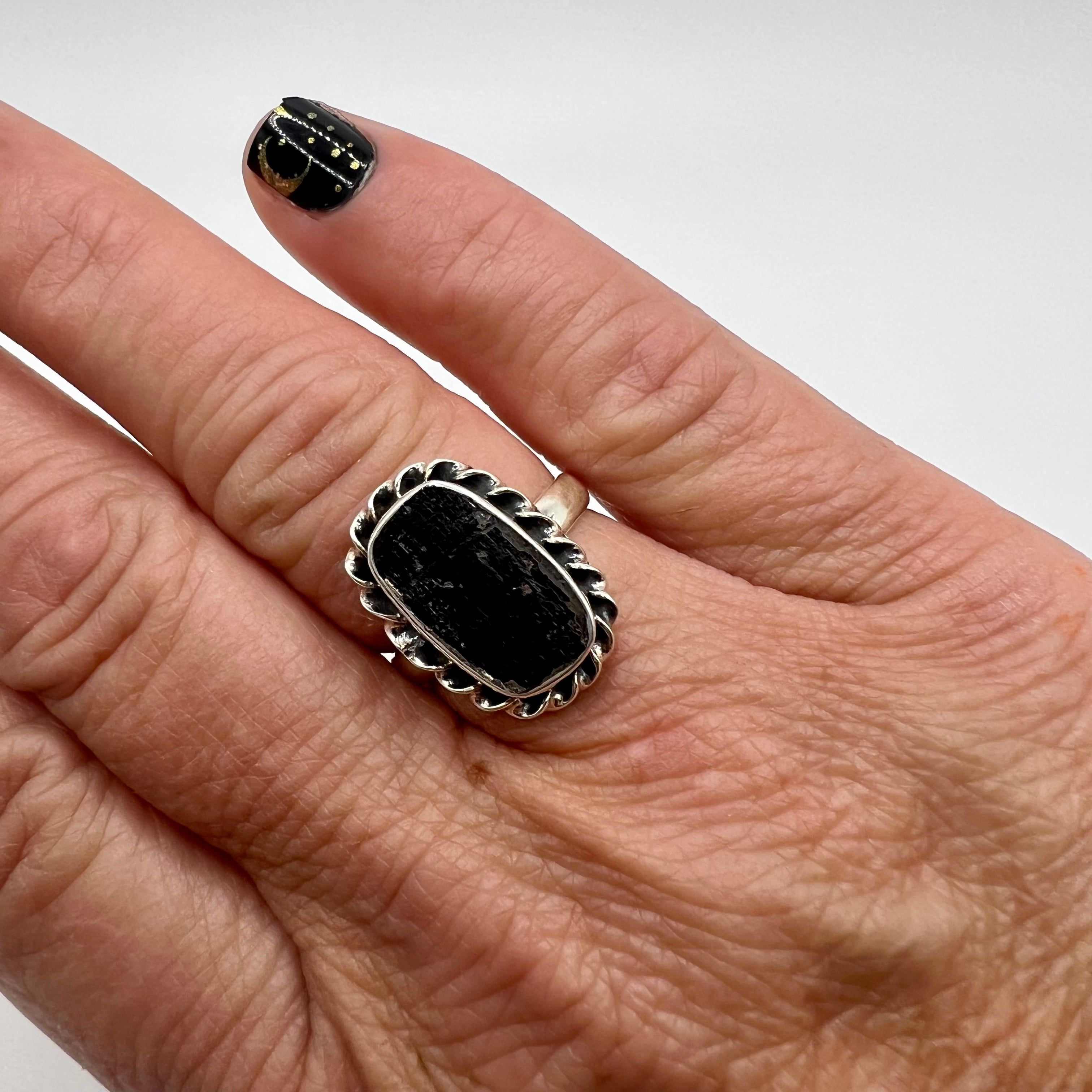 Black Tourmaline Adjustable Sterling Silver Ring
