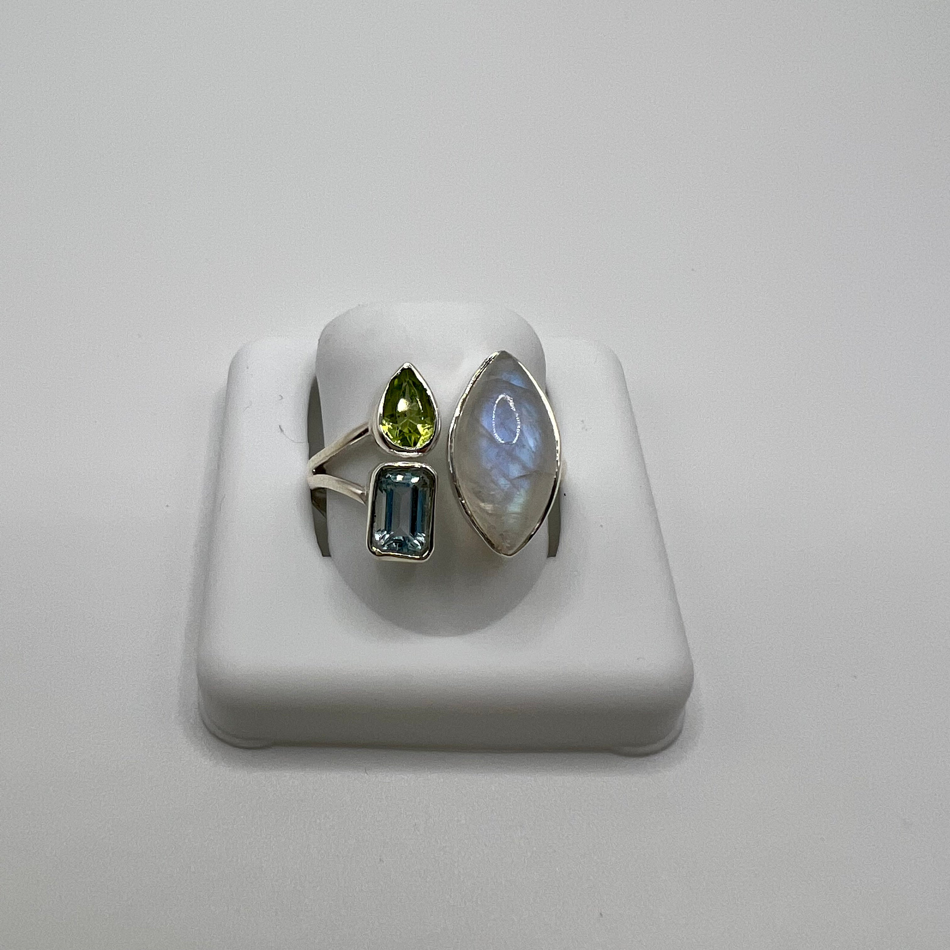 Moonstone, Topaz + Peridot Sterling Silver Adjustable Ring
